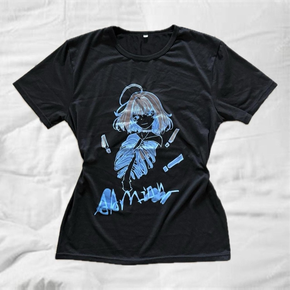Black Graphic Tee with Blue Anime Girl Design